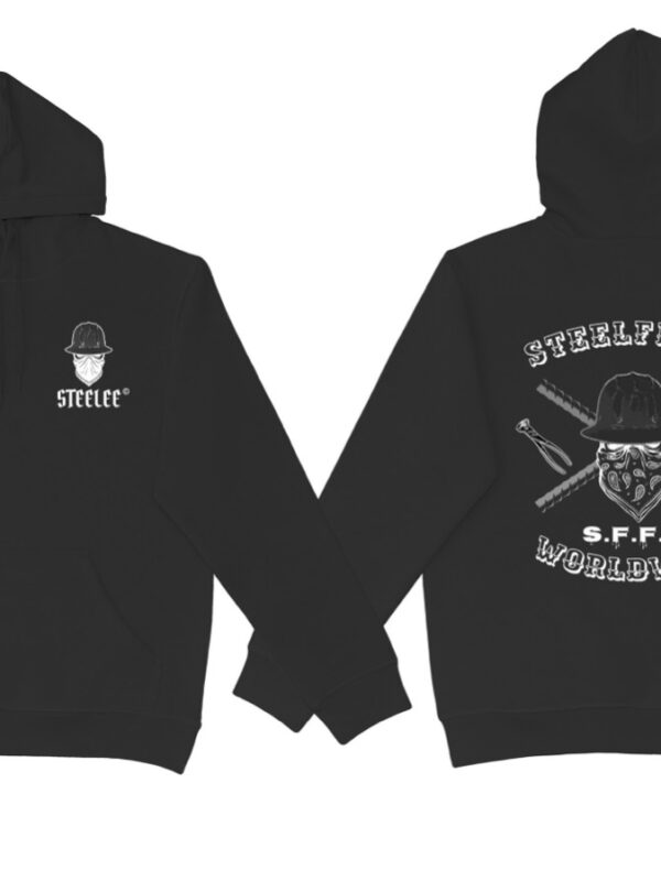 The Steeleez Hoodie is a 320gsm hood with Steelee front print, sleeve print and big back print.  Available in Black & White - up to 5xl. 